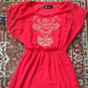 Embroidered flutter sleeve dress